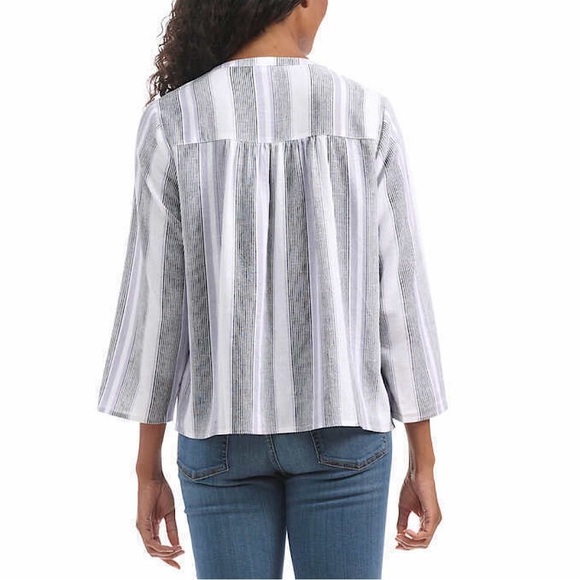 Splendid Linen Blend Top Women's Size M White Striped V-Neck 3/4 Sleeve Shirred - Picture 9 of 10